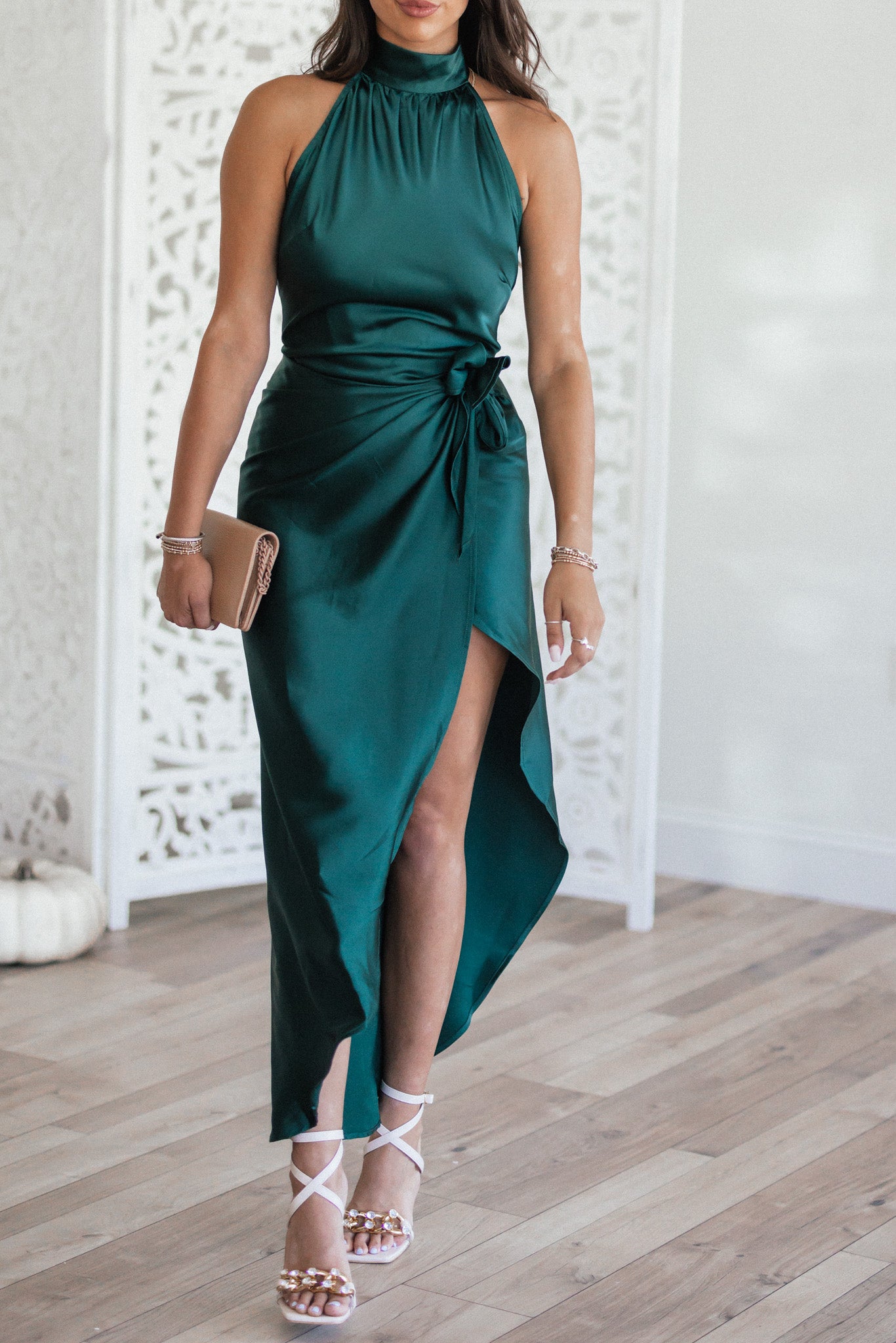 ML Studio Green Satin Hat and clutch 2pc set Durban Convertible Crossbody and Clutch Leather Bag in  main image 3