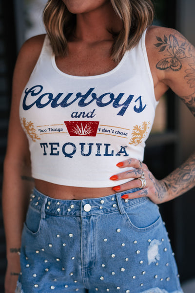 Cowboys And Tequila Crop Tank Top (Ivory)