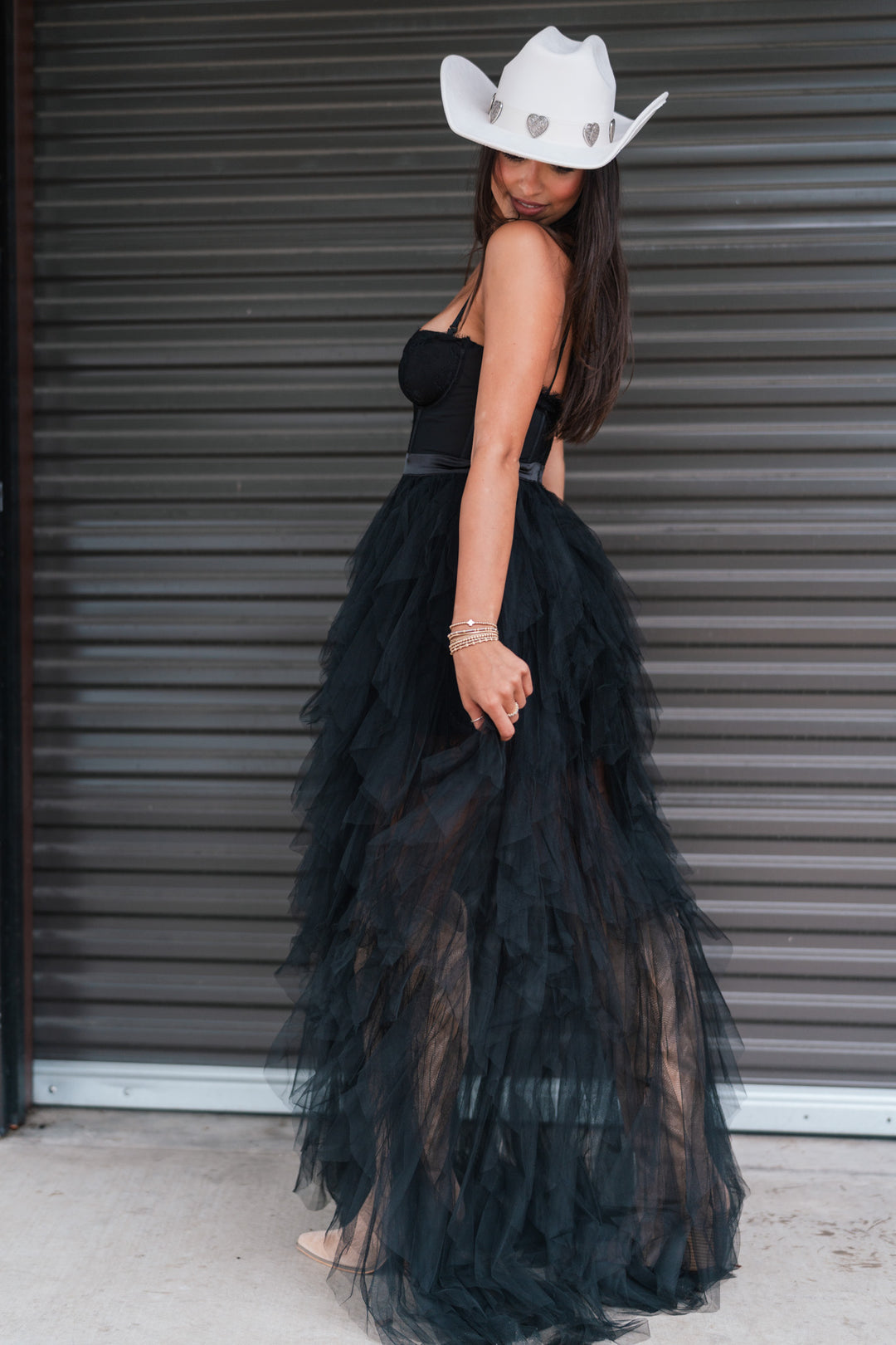 black organza mesh maxi dress S Black Sheer Organza Cape Overlay Gown