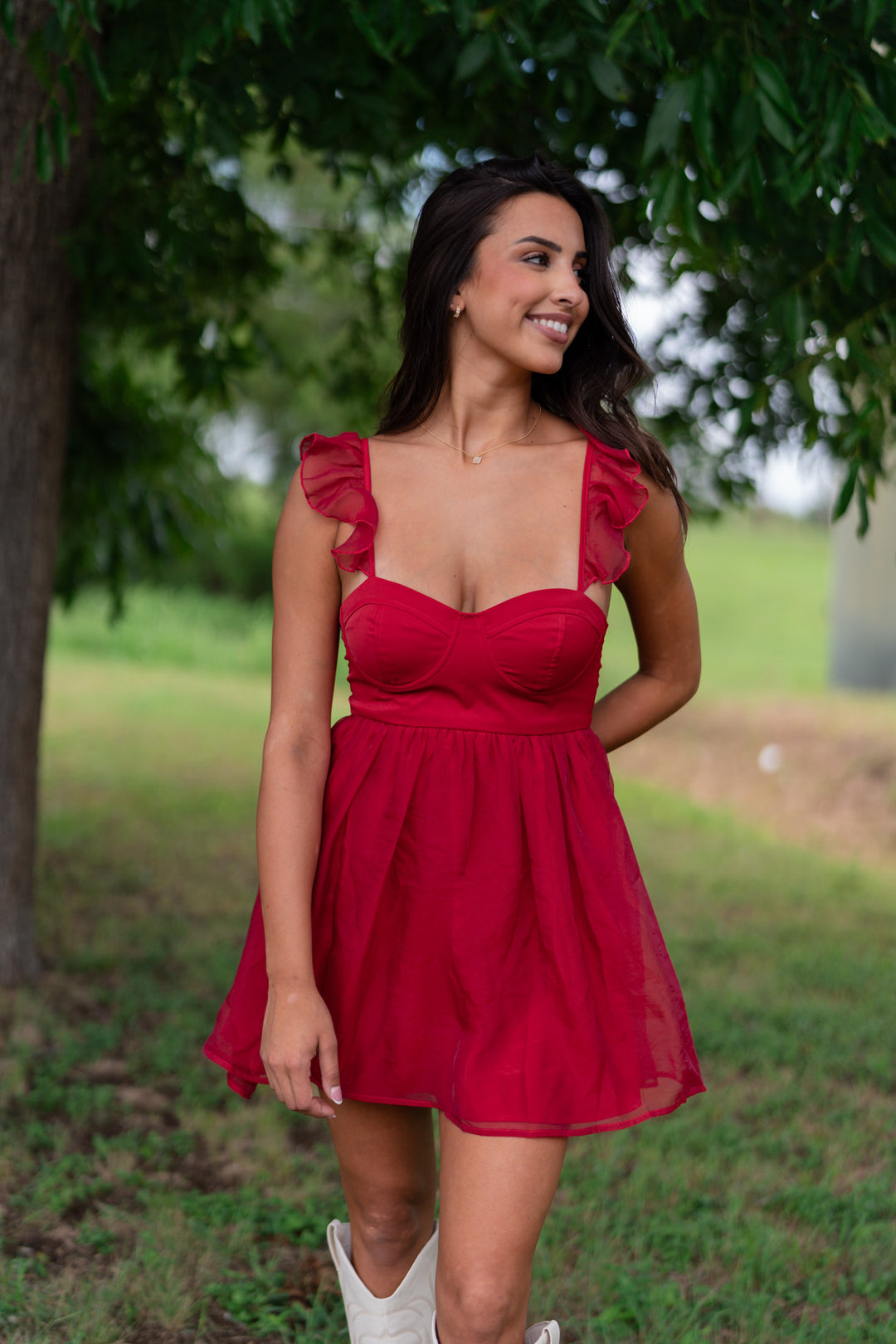 red dress bustier Miss Circle Women's Sacha Drop Waist Corset Puffy Mini Dress - Red