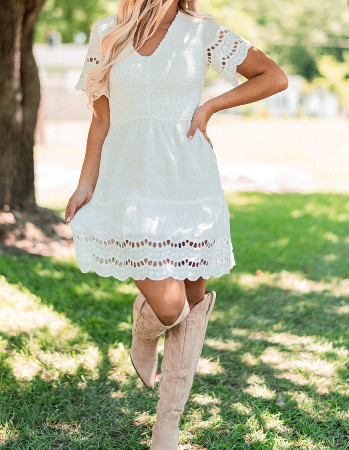Samoa Smocked Mini Dress (Ivory)