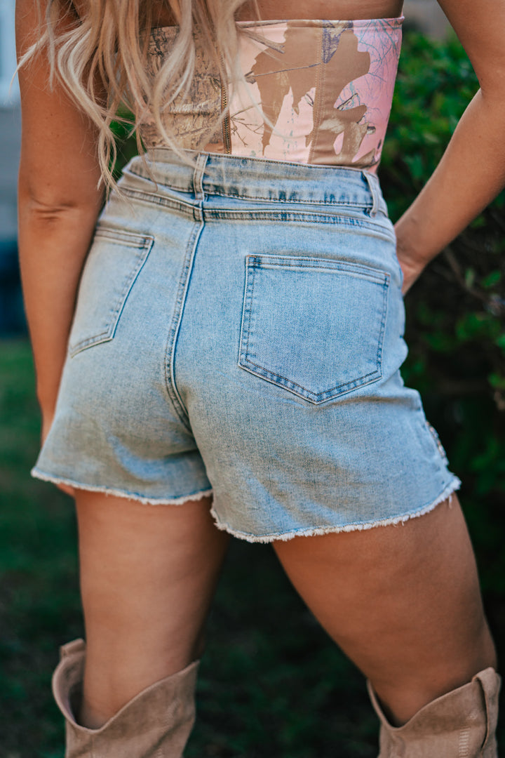 Rhea Rhinestone Frayed Denim Shorts