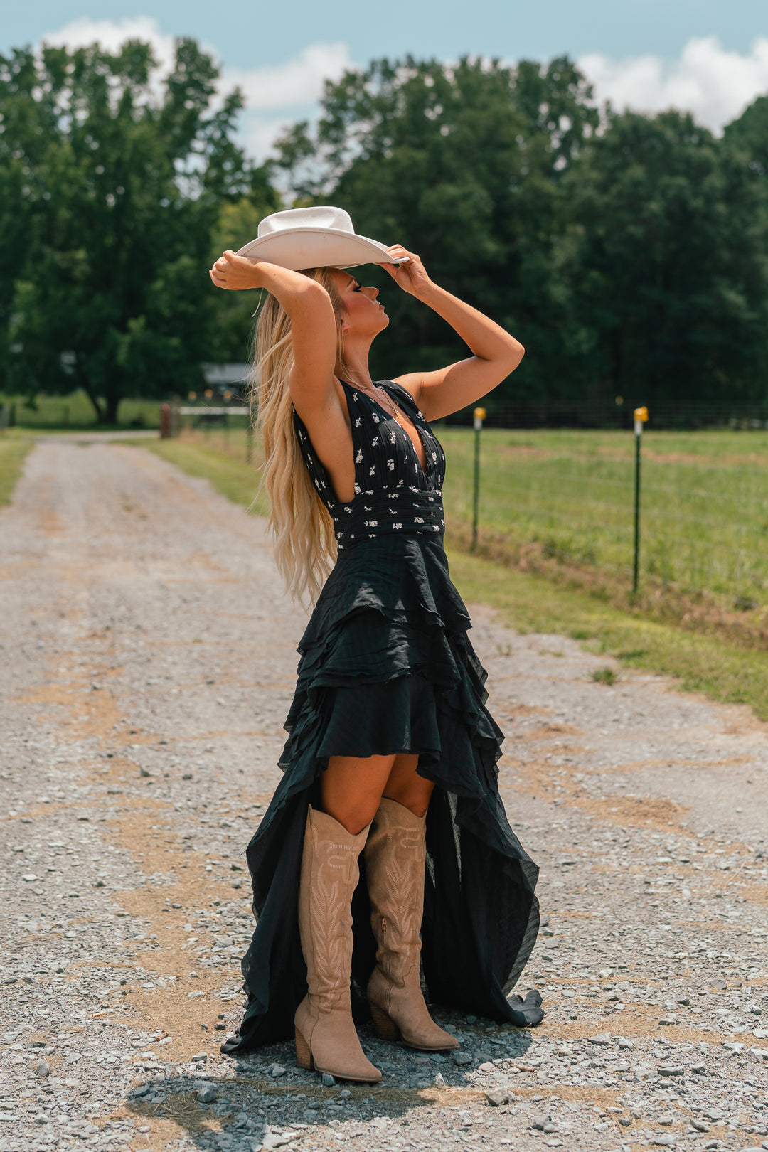 Floral Embroidered Asymmetrical Ruffled Maxi Dress