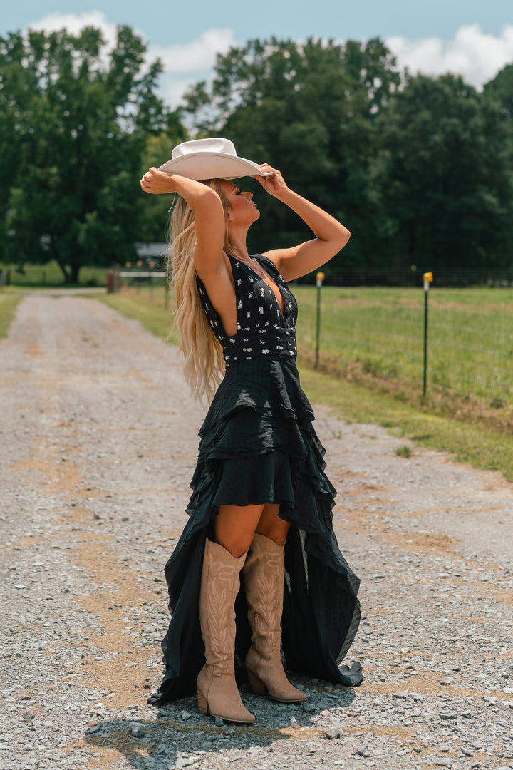 Floral Embroidered Asymmetrical Ruffled Maxi Dress