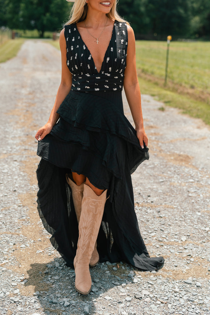 Floral Embroidered Asymmetrical Ruffled Maxi Dress