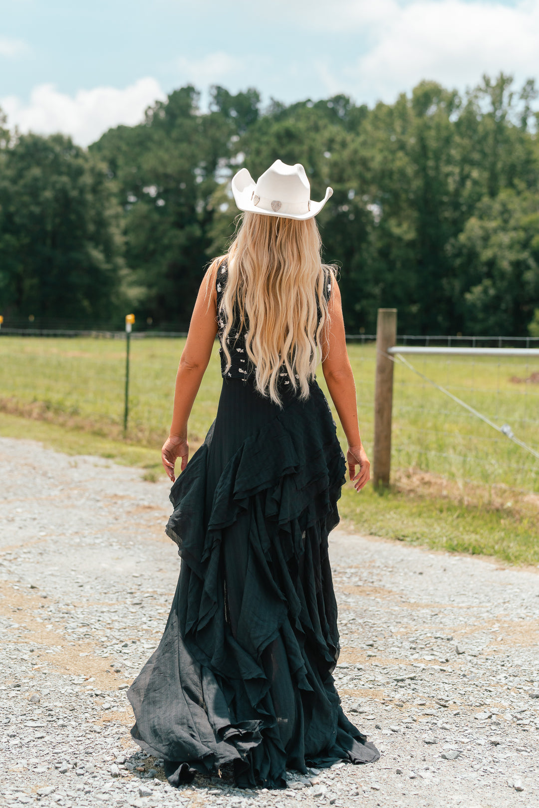 Floral Embroidered Asymmetrical Ruffled Maxi Dress