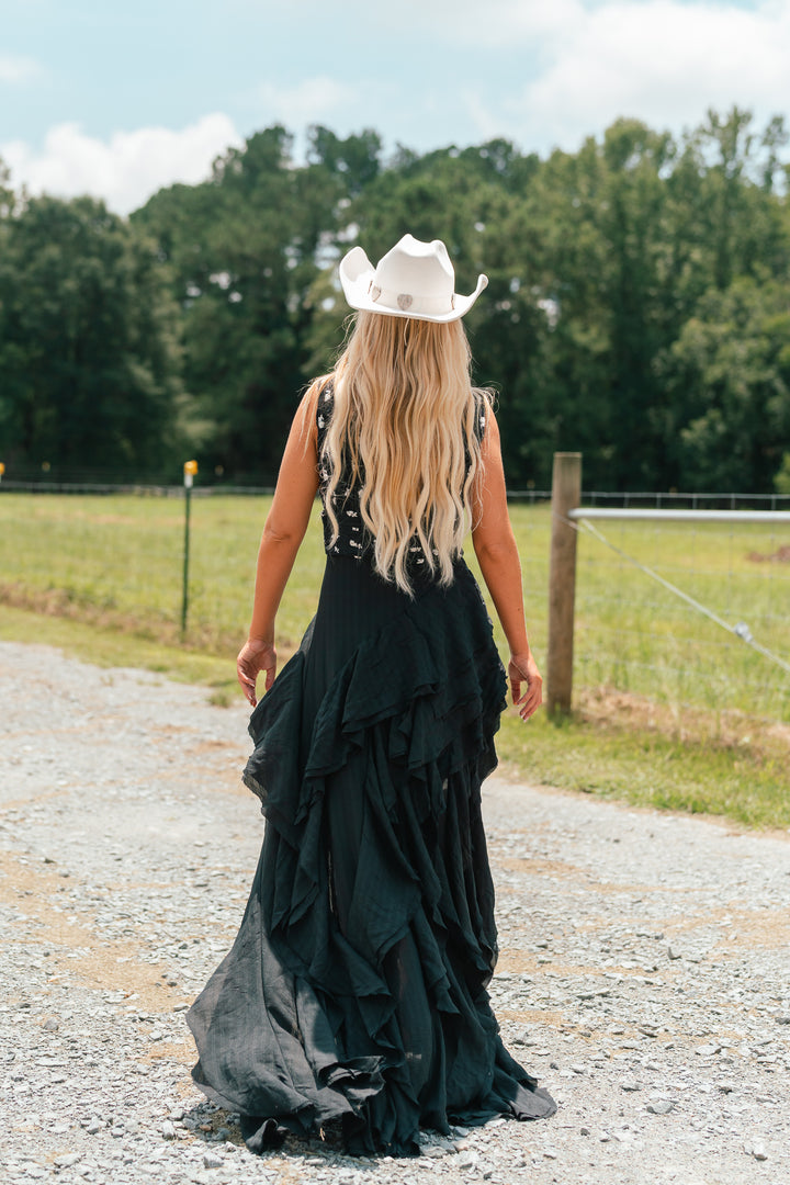 Floral Embroidered Asymmetrical Ruffled Maxi Dress