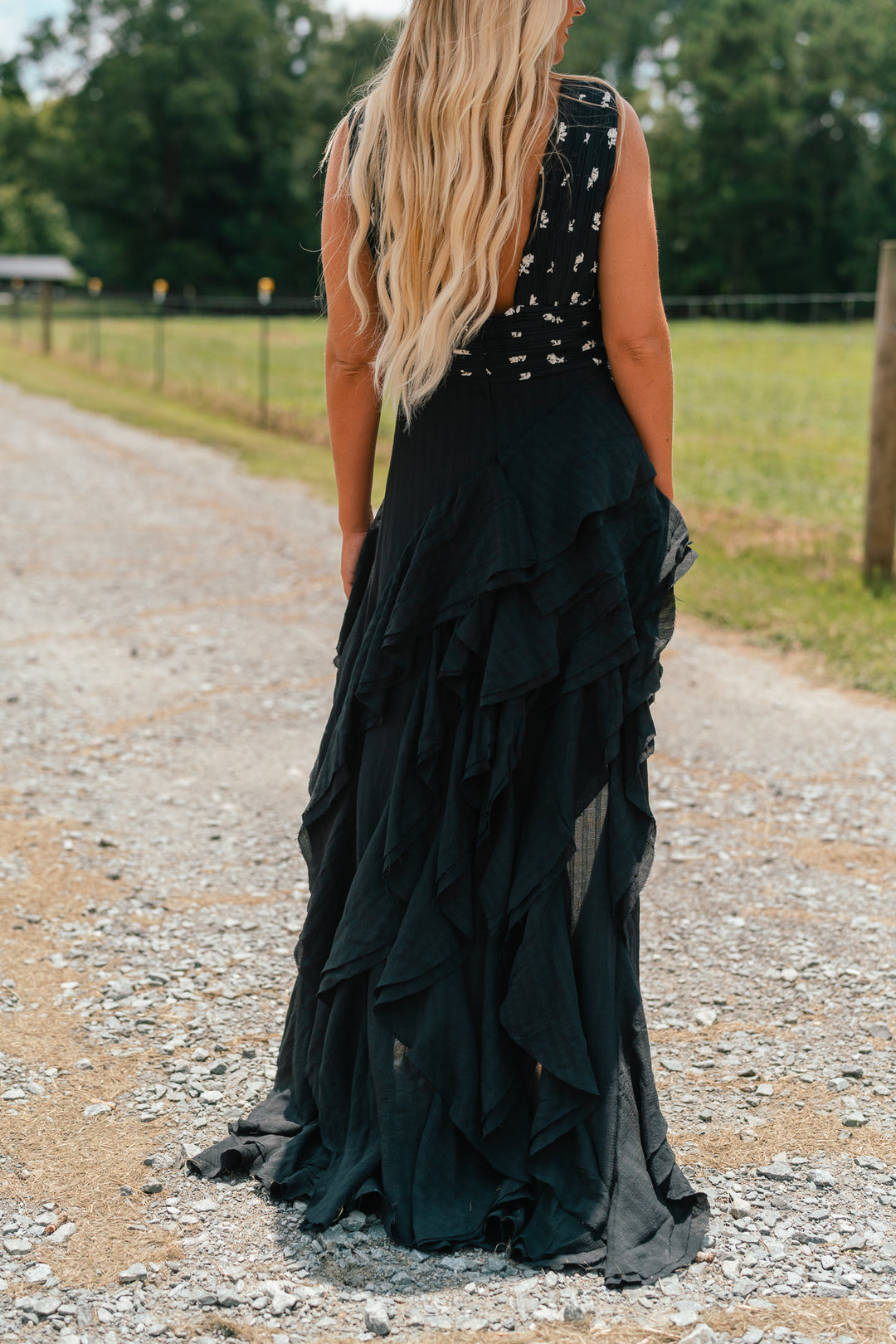 Floral Embroidered Asymmetrical Ruffled Maxi Dress