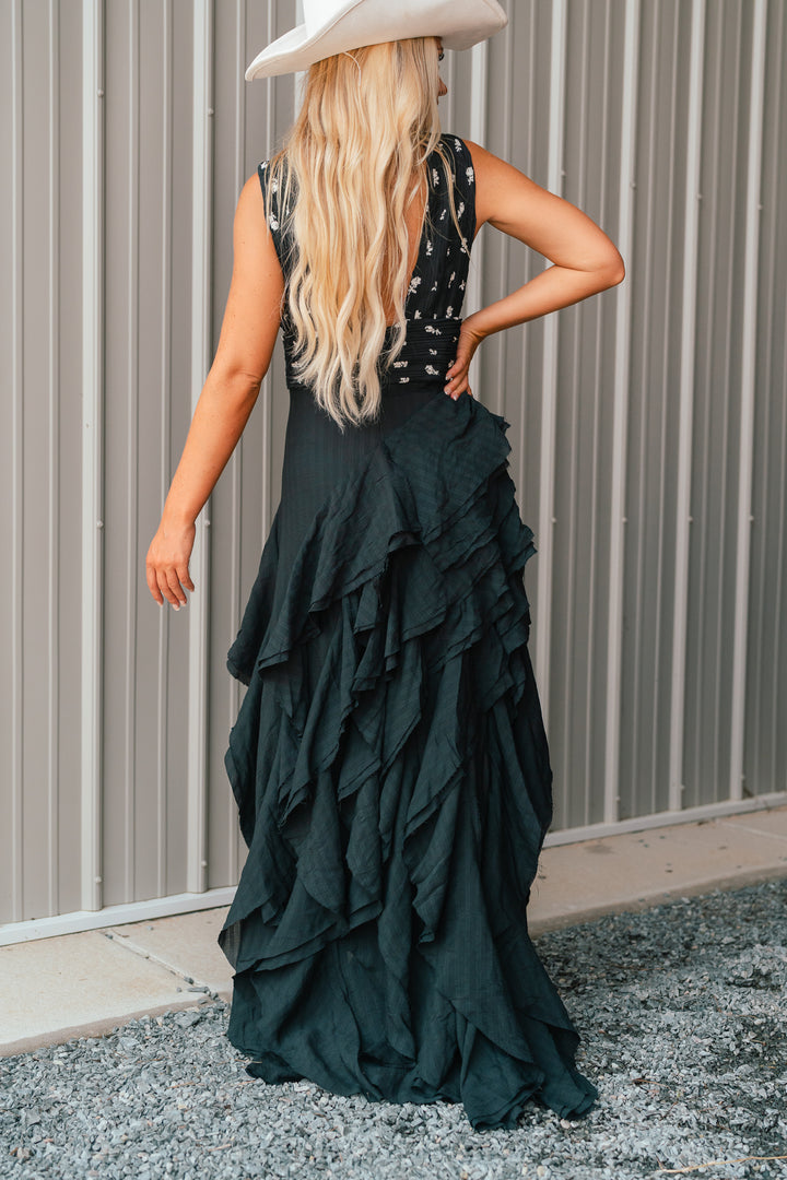 Floral Embroidered Asymmetrical Ruffled Maxi Dress