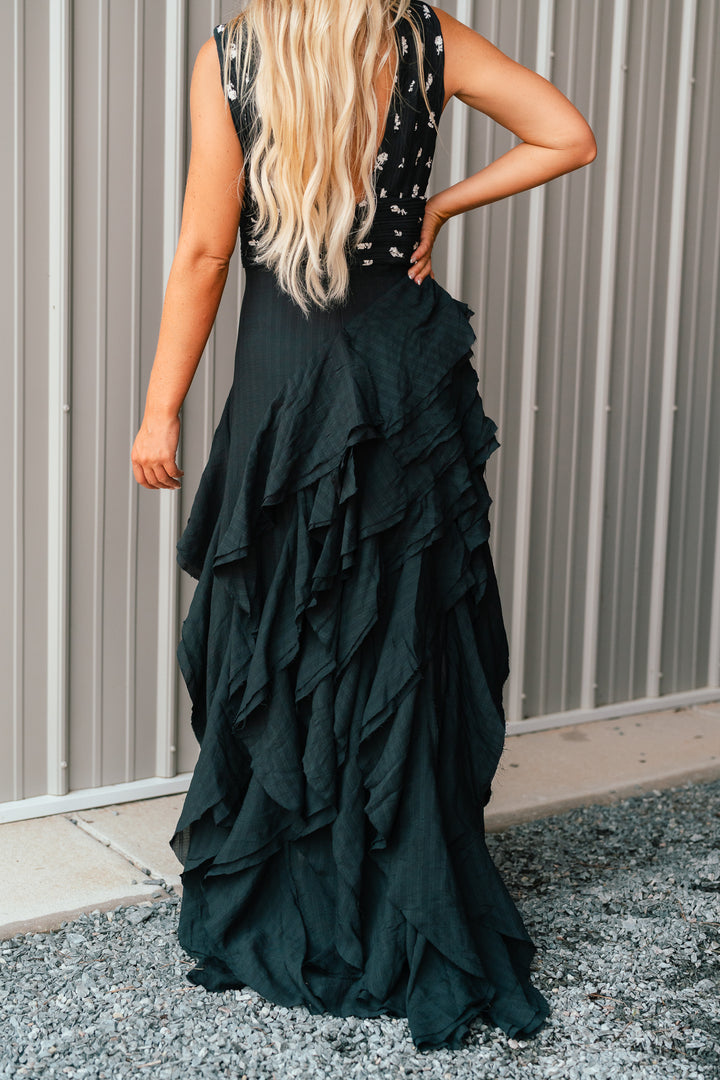 Floral Embroidered Asymmetrical Ruffled Maxi Dress