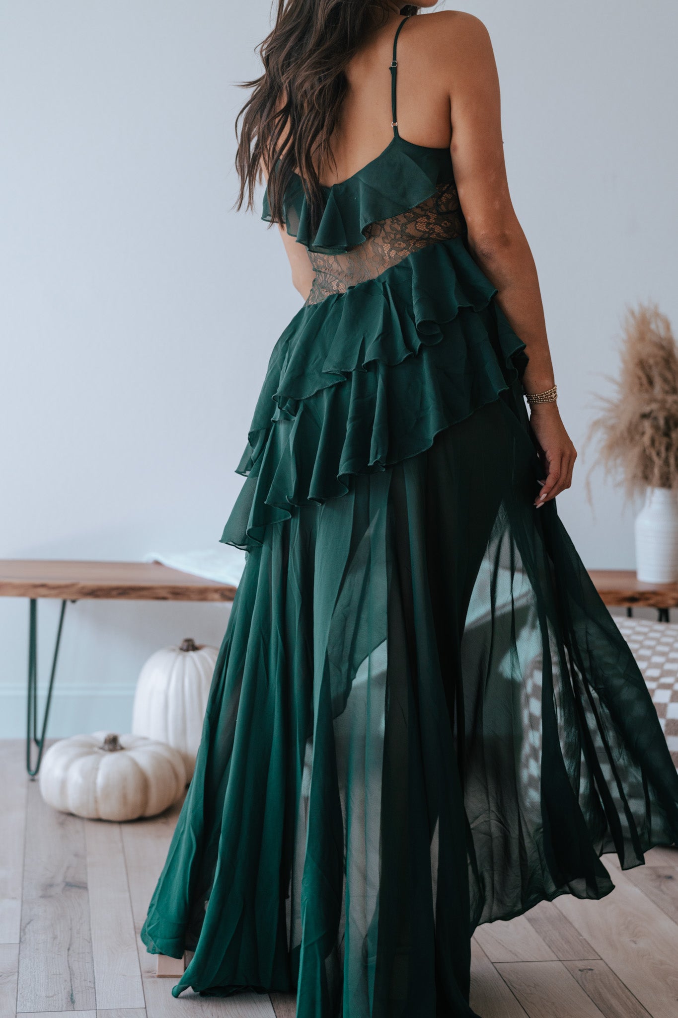 Dark Romance Lace Tiered Maxi Dress (Hunter Green