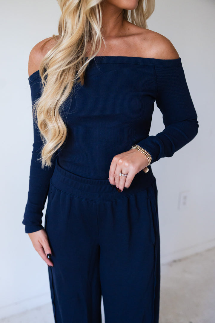 On The Go Ribbed Knit Top (Navy)