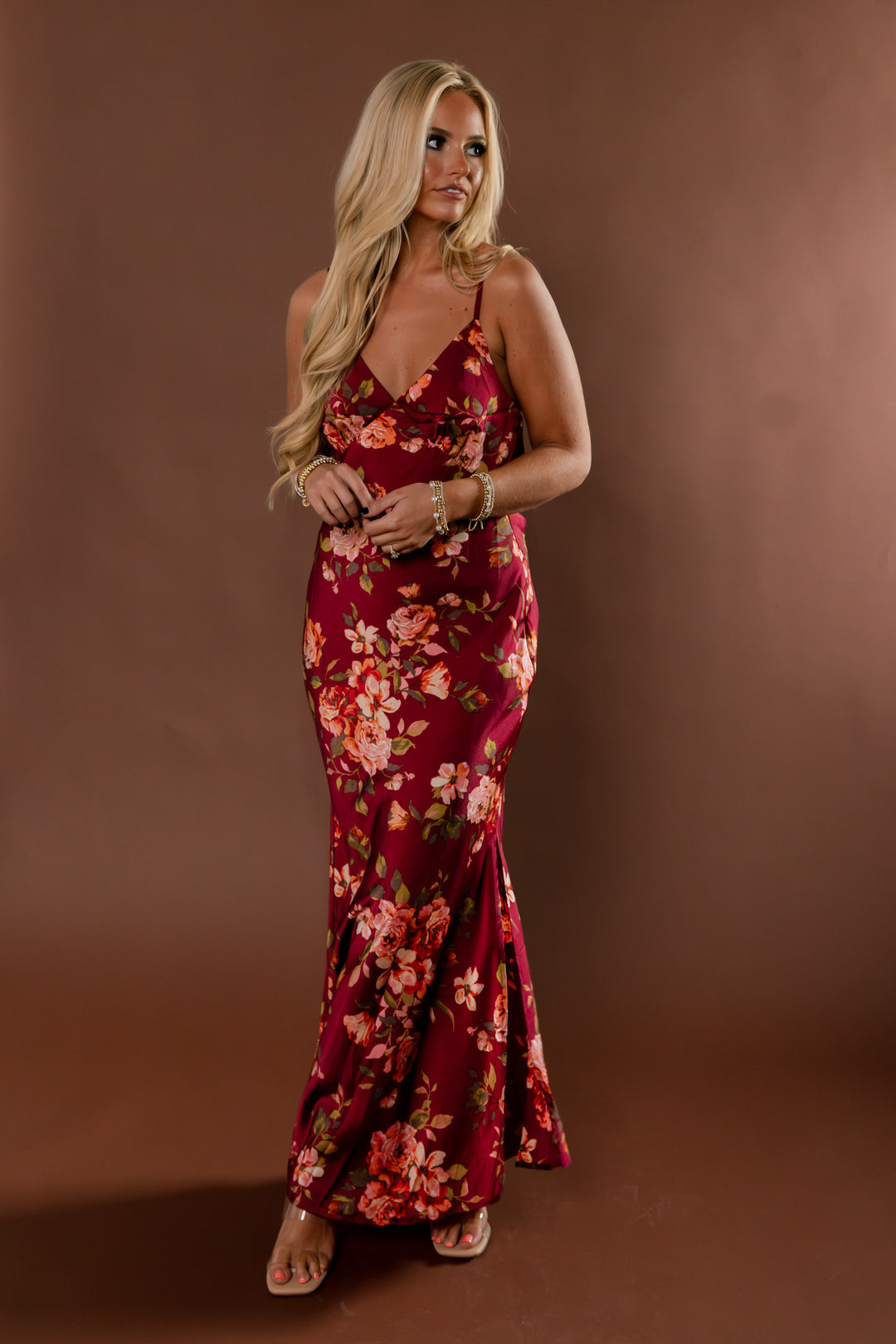 Crimson Affair Floral Satin Maxi Dress
