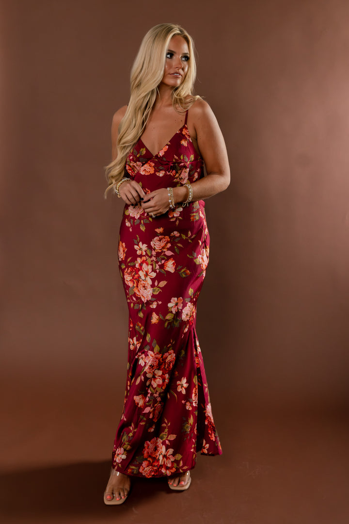 Crimson Affair Floral Satin Maxi Dress