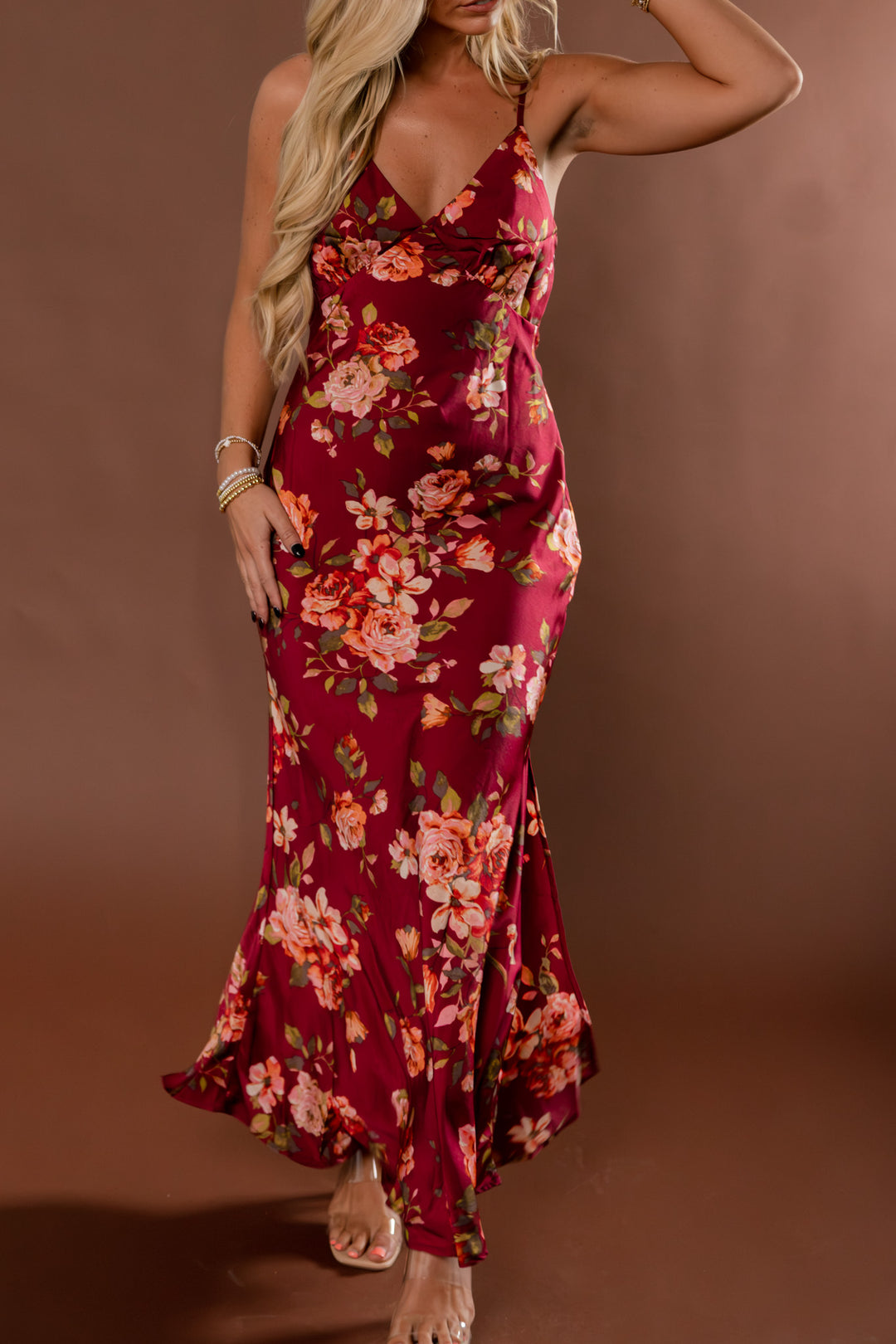 Crimson Affair Floral Satin Maxi Dress