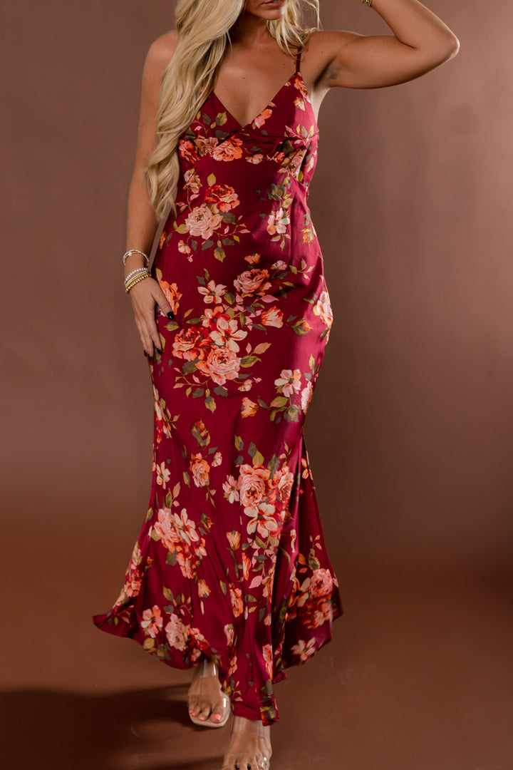 Crimson Affair Floral Satin Maxi Dress