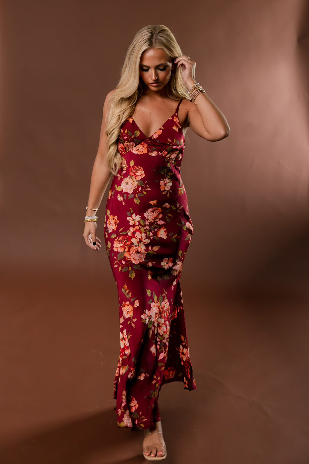 Crimson Affair Floral Satin Maxi Dress