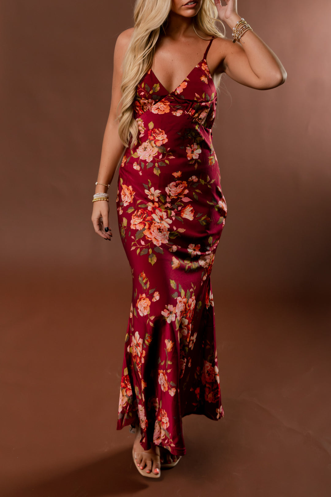 Crimson Affair Floral Satin Maxi Dress