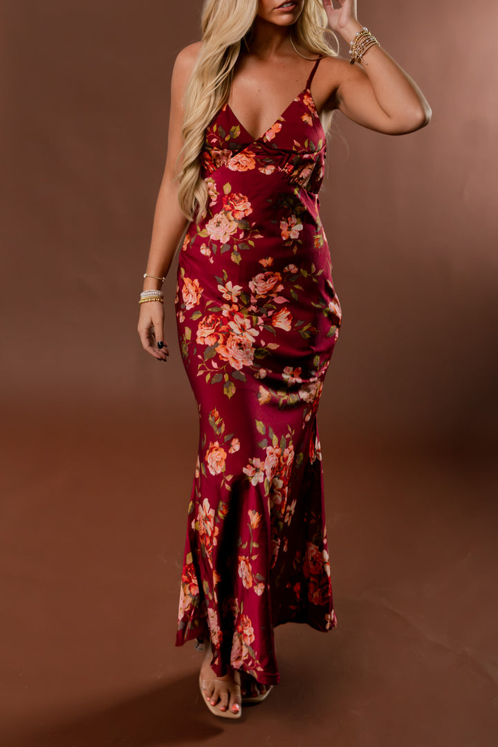 Crimson Affair Floral Satin Maxi Dress