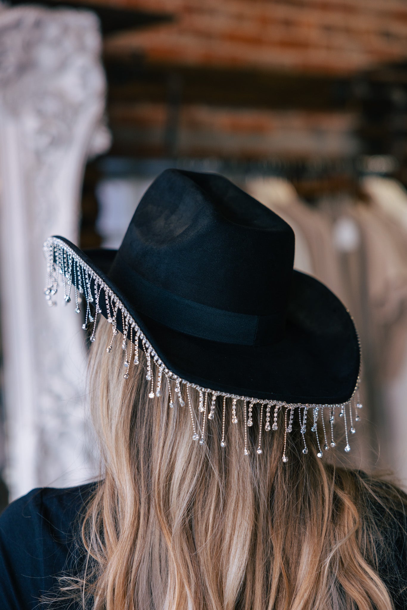 Grace Rhinestone Fringe Hat (Black)