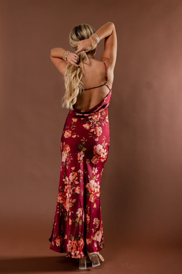 Crimson Affair Floral Satin Maxi Dress