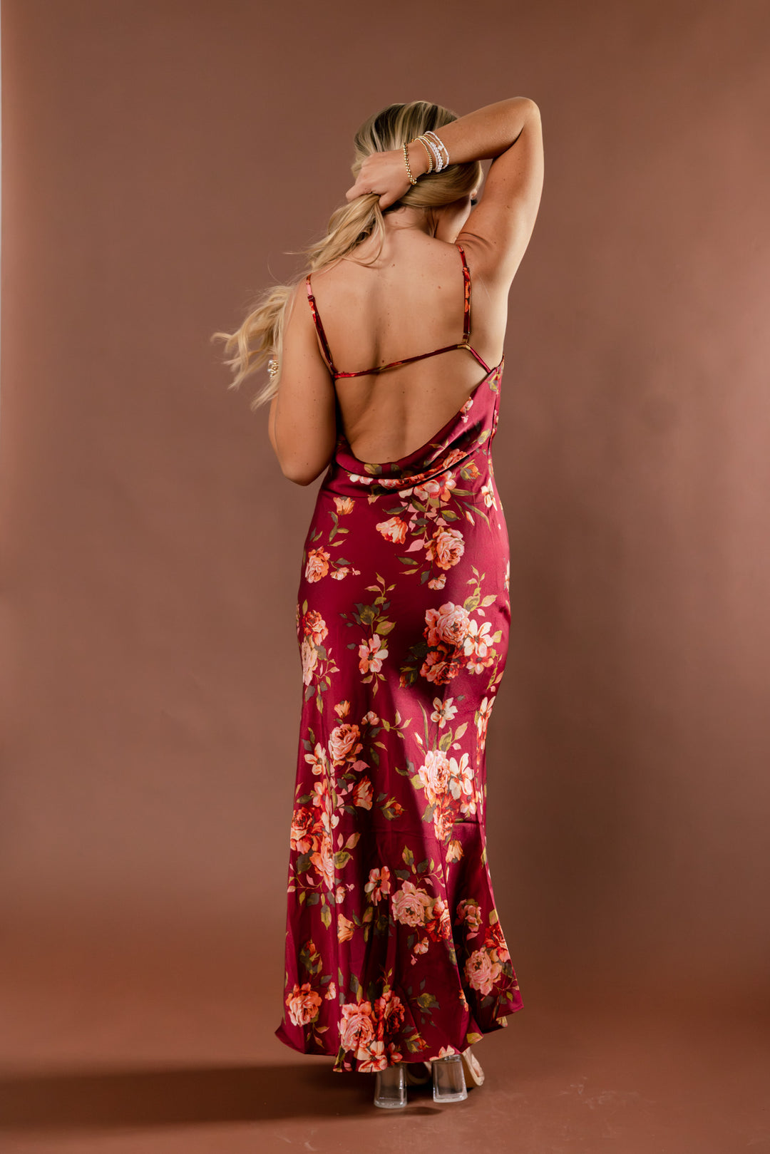 Crimson Affair Floral Satin Maxi Dress