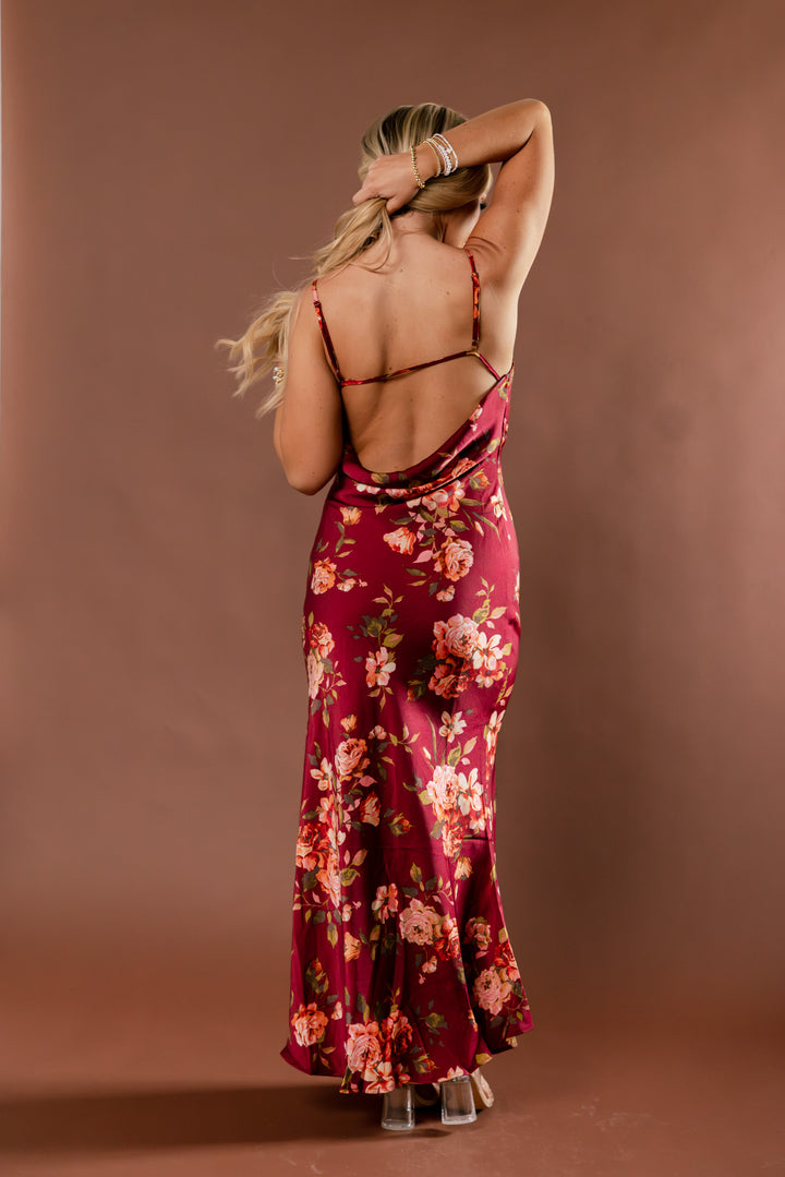 Crimson Affair Floral Satin Maxi Dress