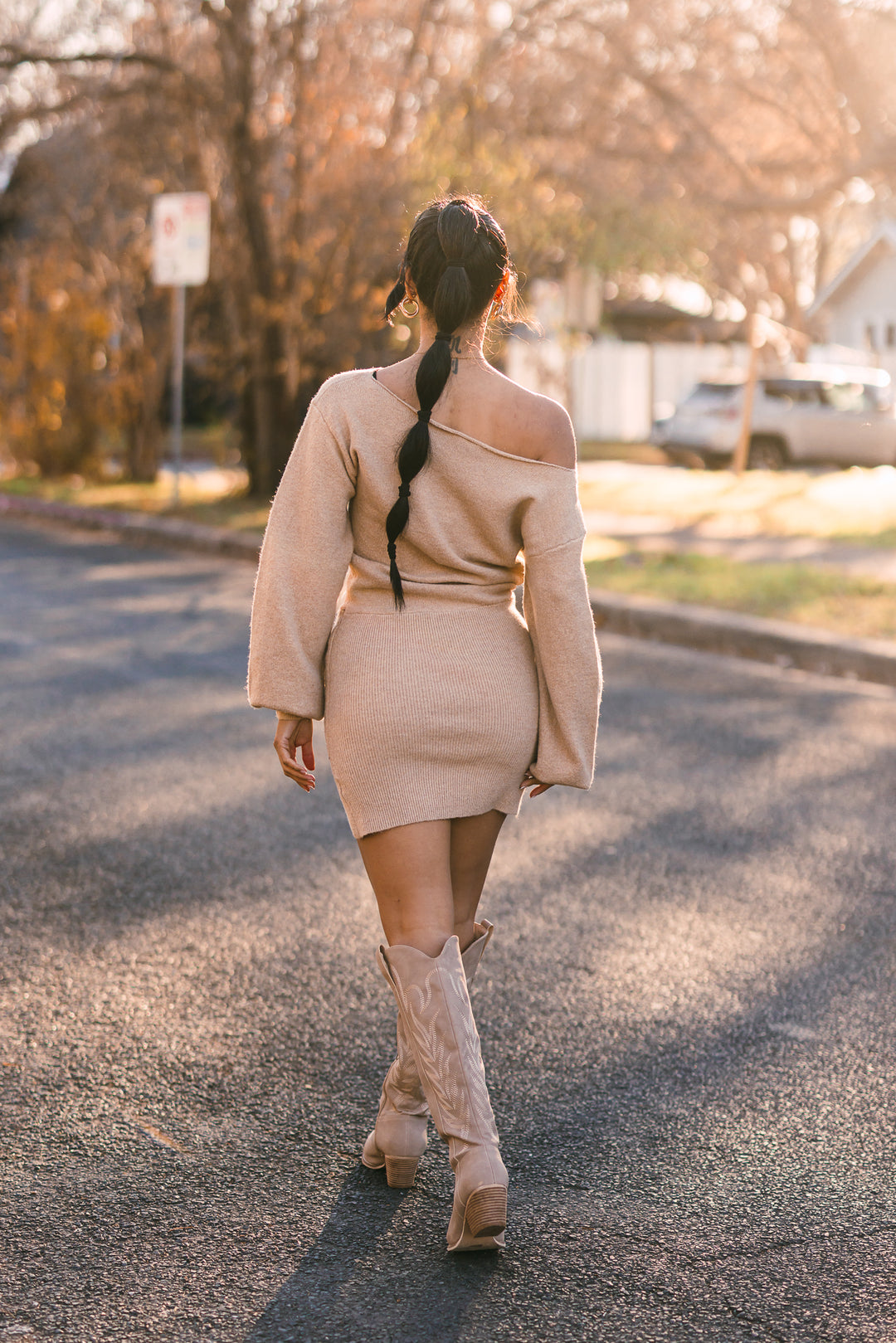 tan off shoulder dress Mateo Khaki Off-Shoulder Asymmetrical Midi Dress, S / Brown