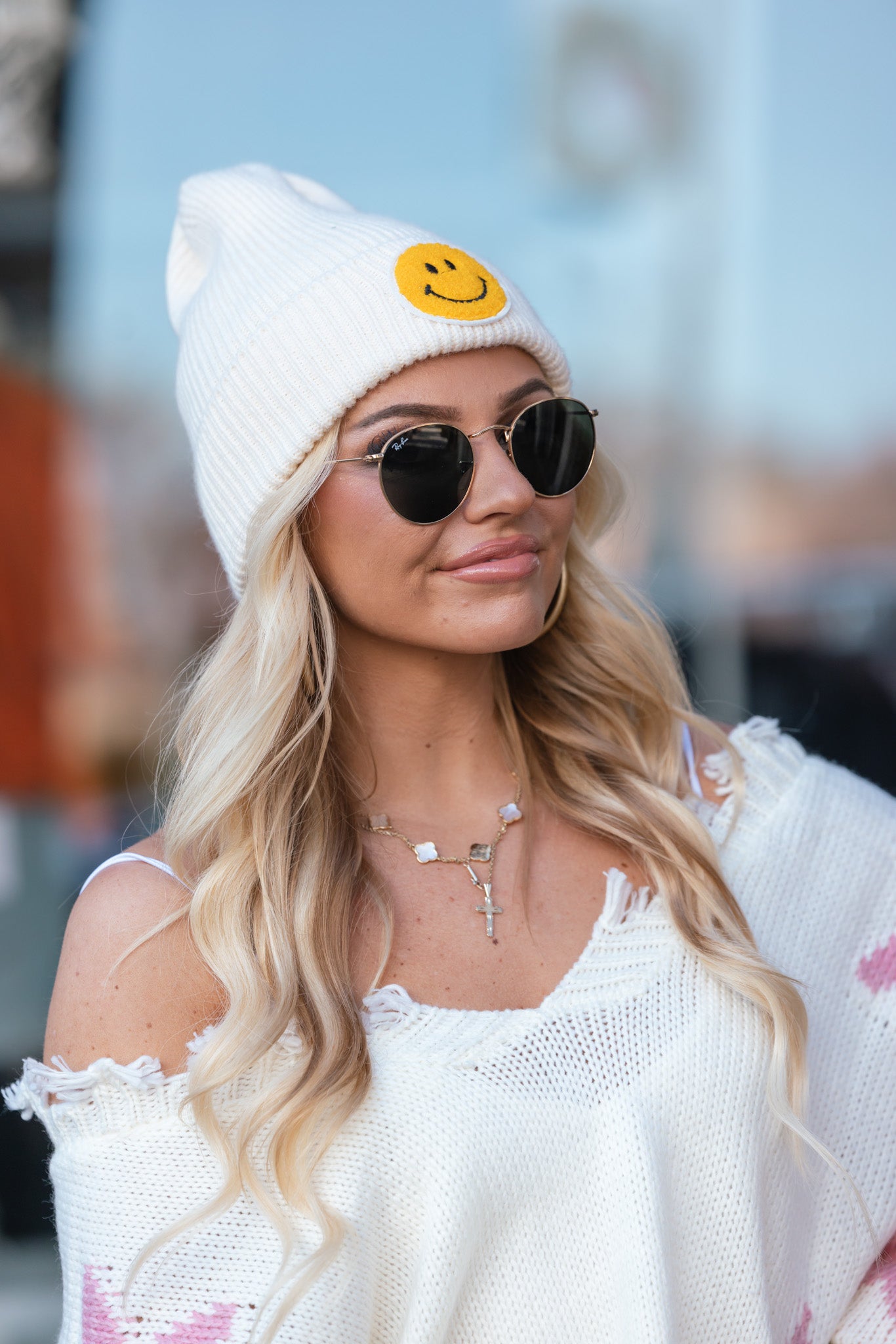 Smiley Face Ribbed Beanie (Ivory) FINAL SALE
