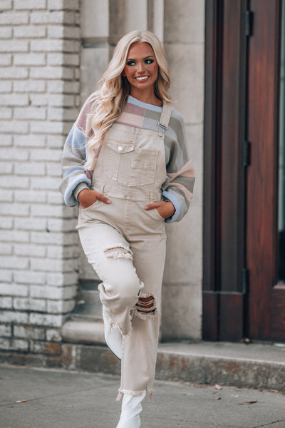 Down The Road Distressed Overalls (Sand) FINAL SALE