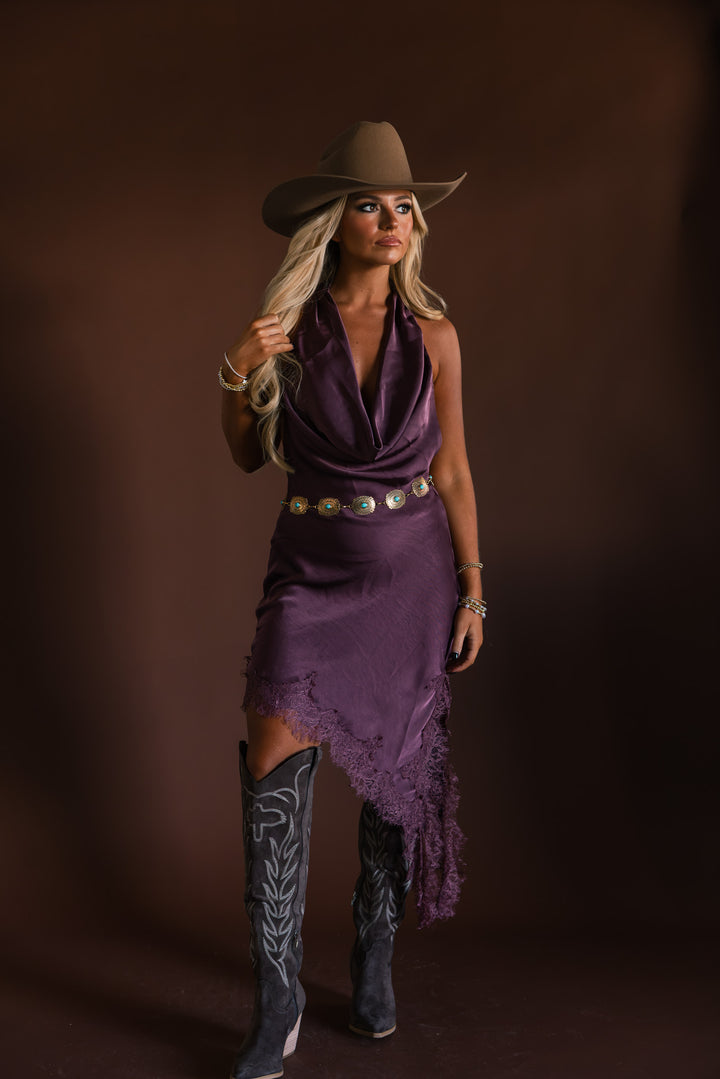 Plum Canyon Lace Trim Satin Dress