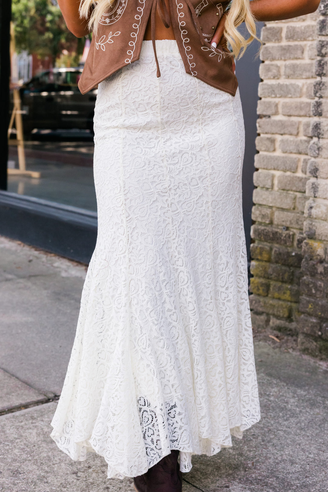 The Ivory Hour Lace Midi Skirt
