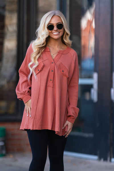 Take Directions Thermal Knit Top (Rust) FINAL SALE