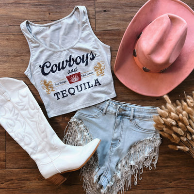 Cowboys And Tequila Crop Tank Top (Grey)
