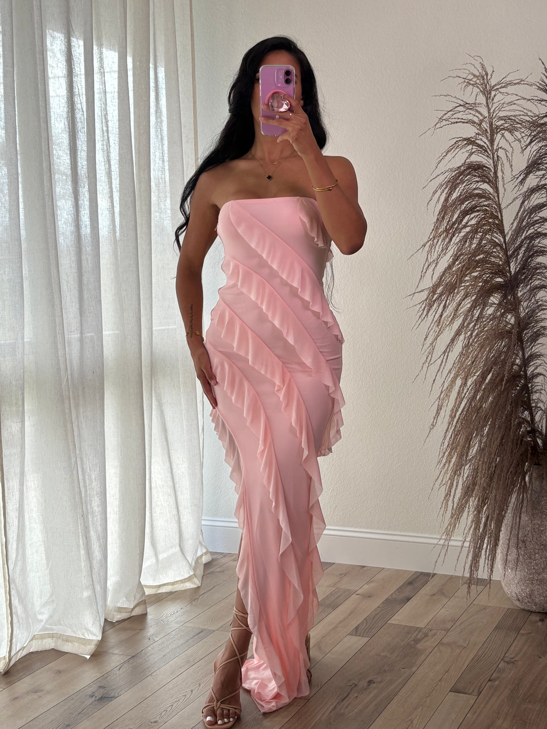 pink ruffle tube dress Ruffle-Trim Strapless Gown in Light Pink - 14