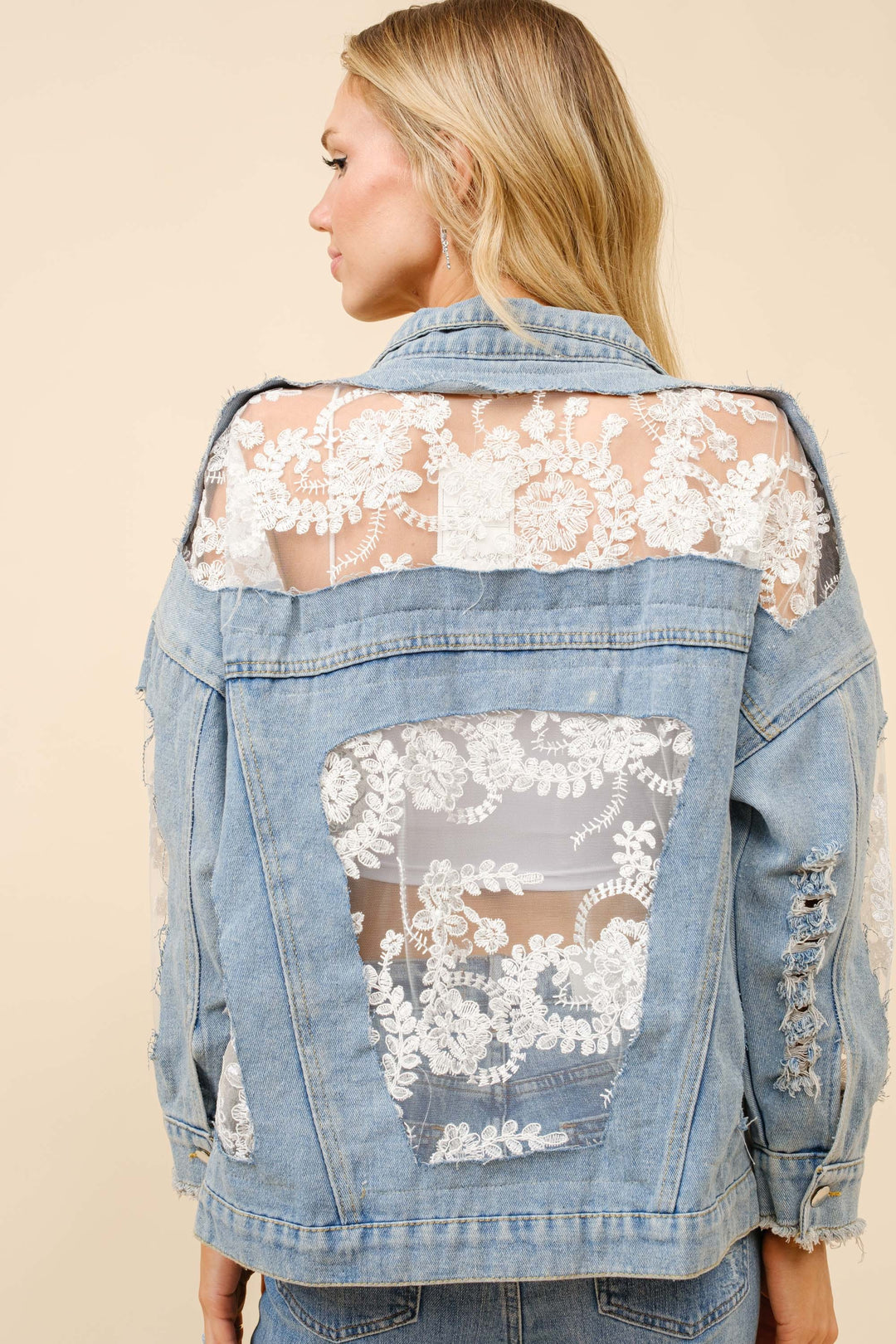Love At First Sight Lace Panel Denim Jacket