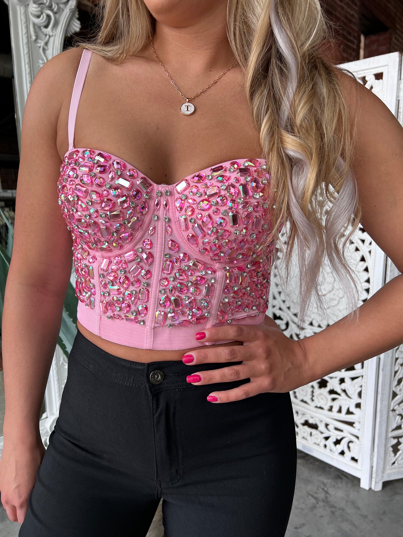 Whitney Rhinestone Bustier Top (Candy Pink) FINAL SALE