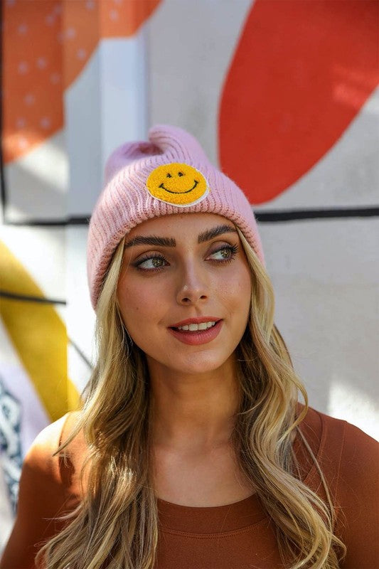Smily Face Ribbed Beanie (Pink) FINAL SALE