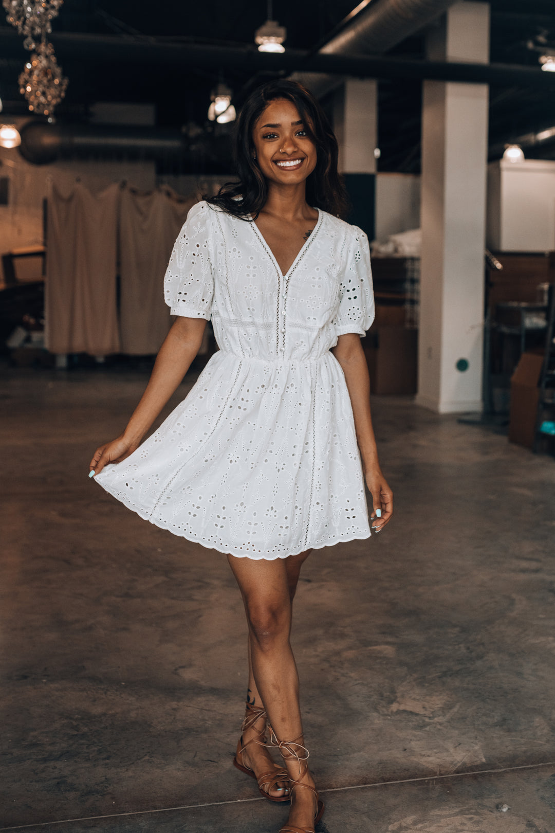 janna eyelet mini dress The Jane Eyelet Mini Dress in black + grey pinstripe