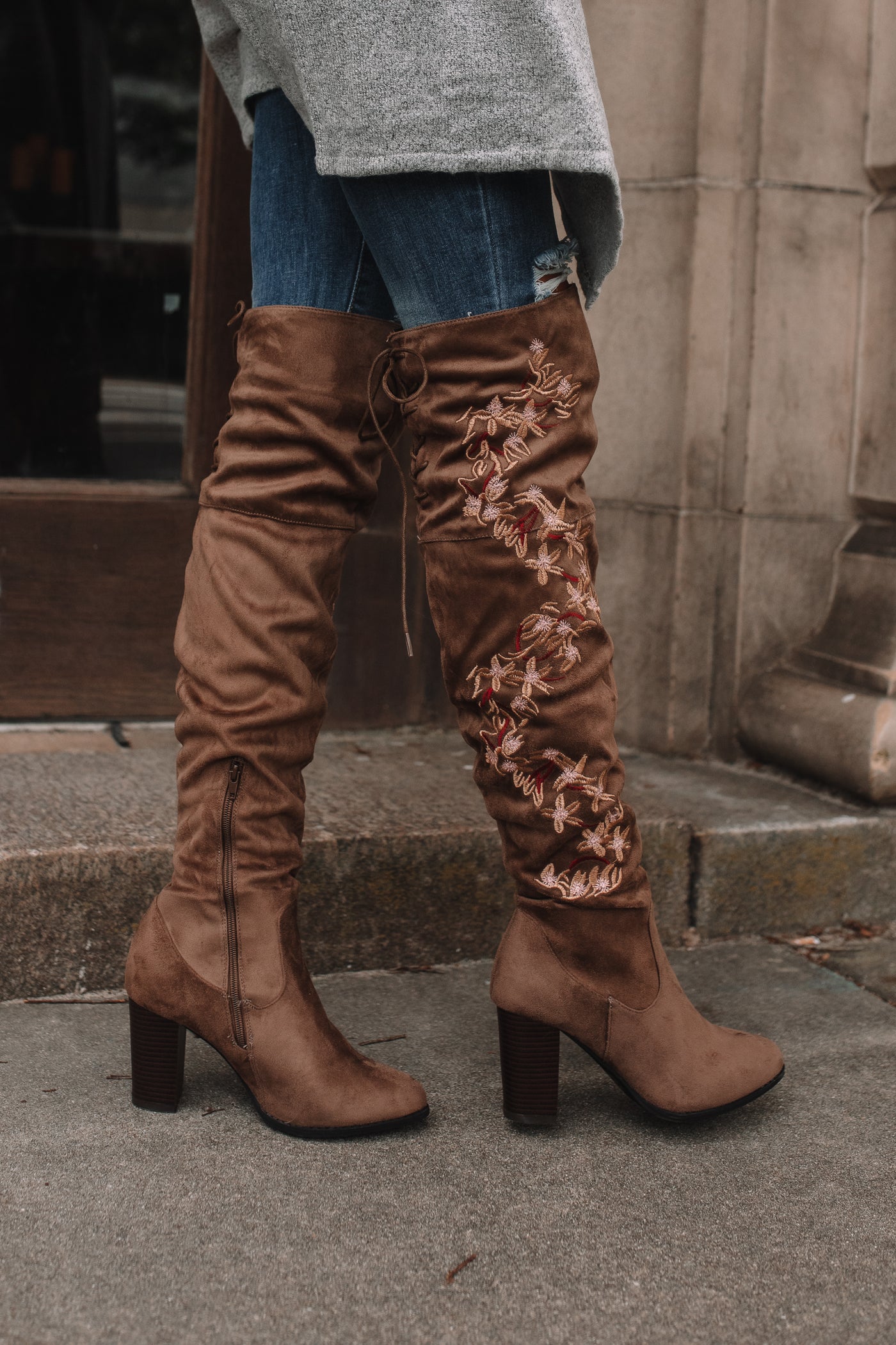 Brenna Over-The-Knee Floral Boots (Taupe) FINAL SALE