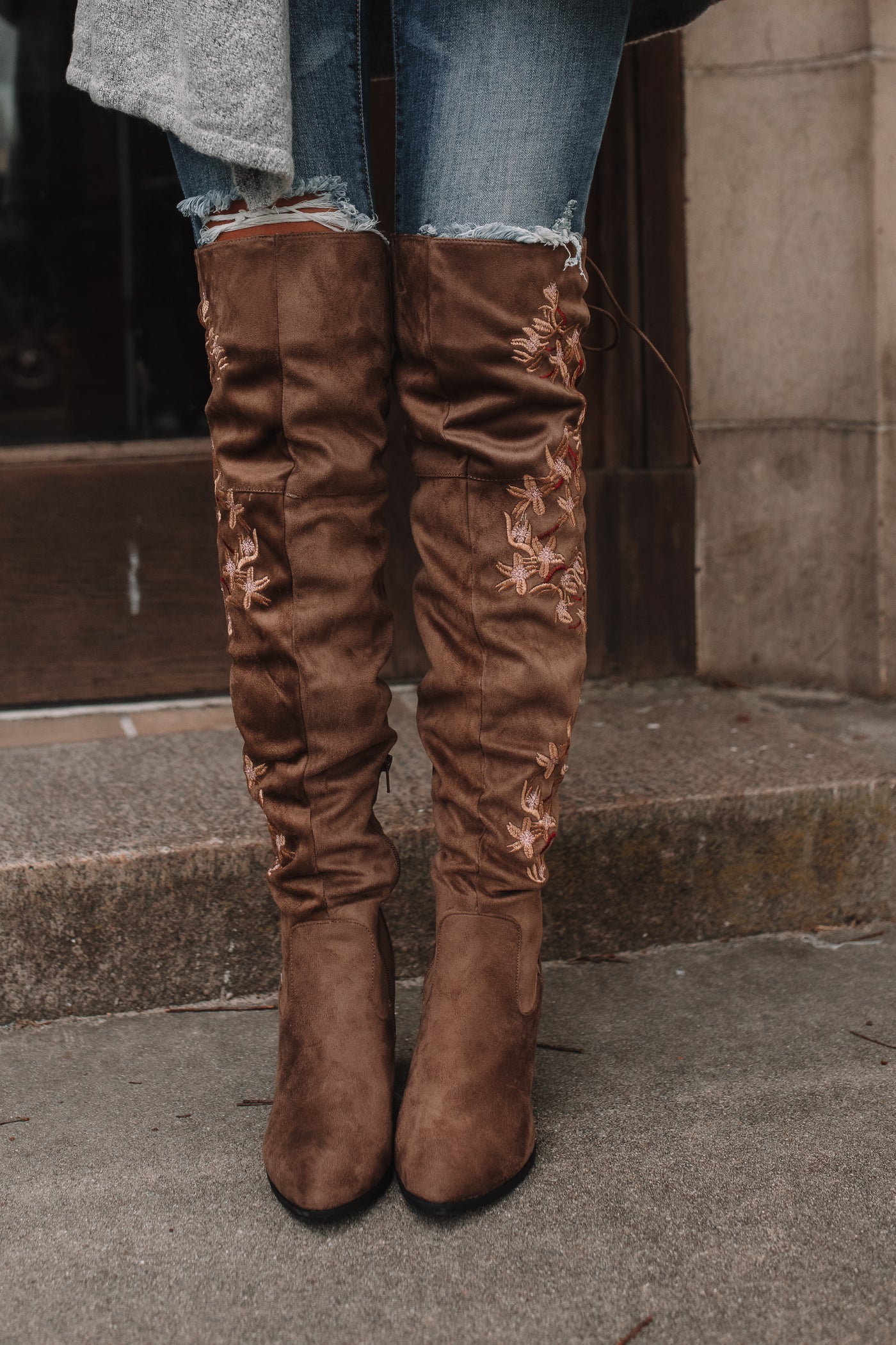Brenna Over-The-Knee Floral Boots (Taupe) FINAL SALE