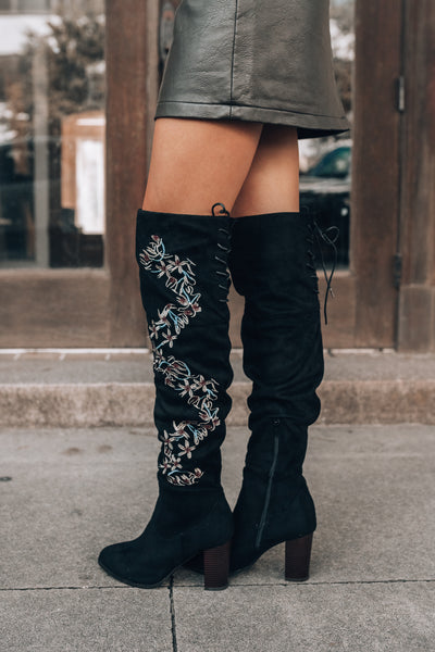 Brenna Over-The-Knee Floral Boots (Black) FINAL SALE
