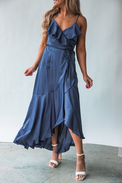 Romantic Ways Satin Wrap Dress (Slate Blue)