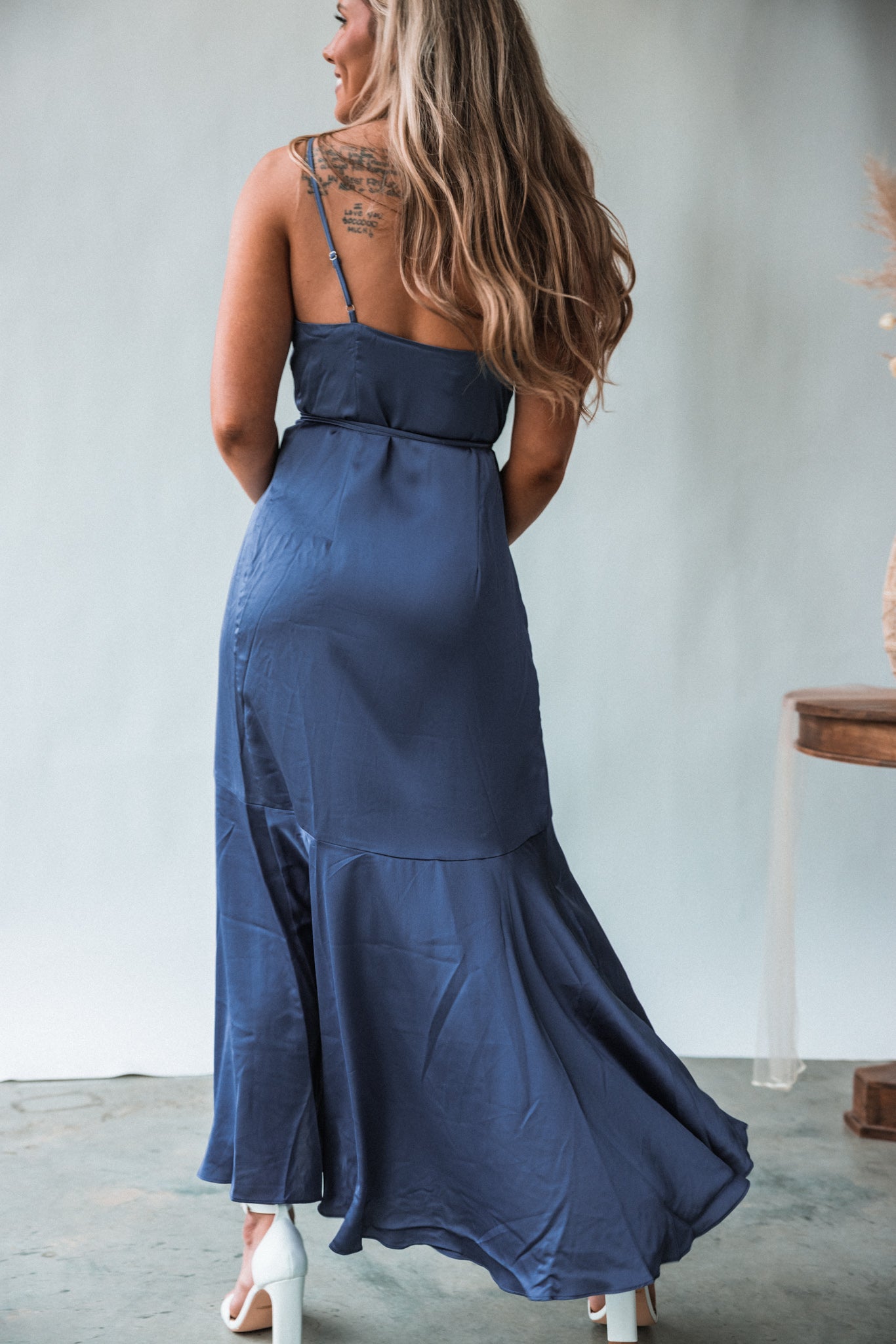 Romantic Ways Satin Wrap Dress (Slate Blue)