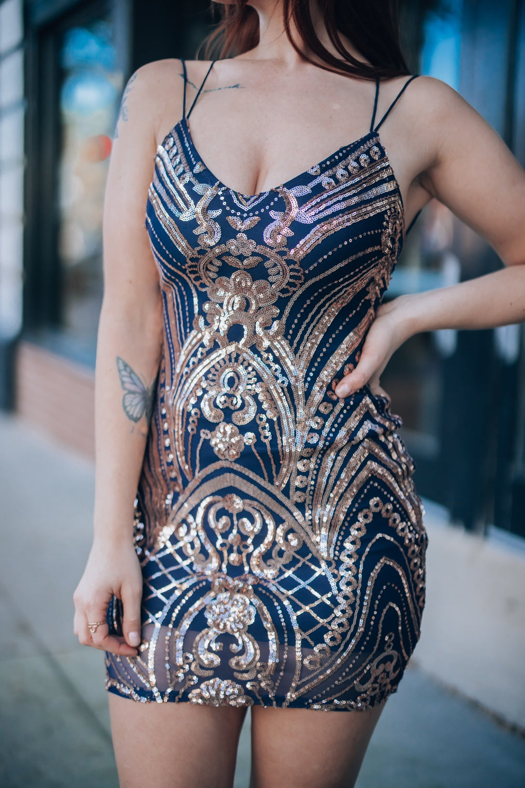 navy and gold sequin dress Navy And Gold Sequin Maxi Dress With Slit