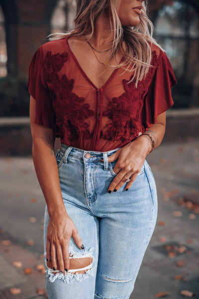Unconditional Embroidered Bodysuit (Red) FINAL SALE