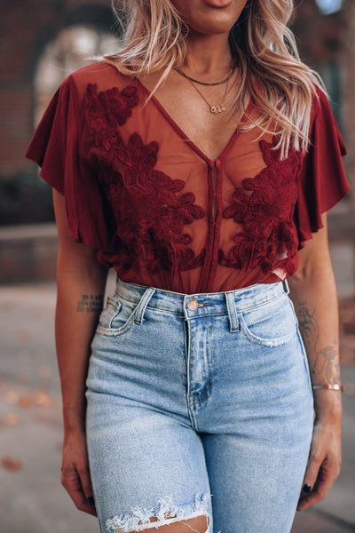 Unconditional Embroidered Bodysuit (Red) FINAL SALE