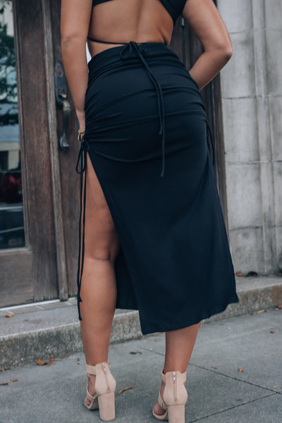 Out Late Cinched Midi Skirt (Black) FINAL SALE